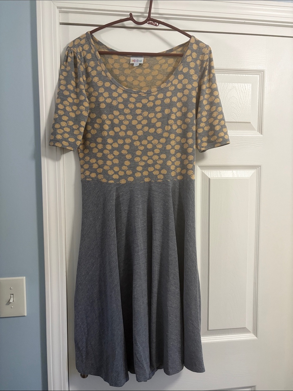 LuLaRoe Gray and Mustard Polka Midi Dress